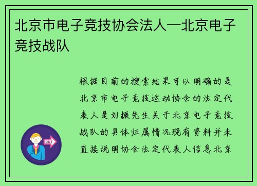 北京市电子竞技协会法人—北京电子竞技战队